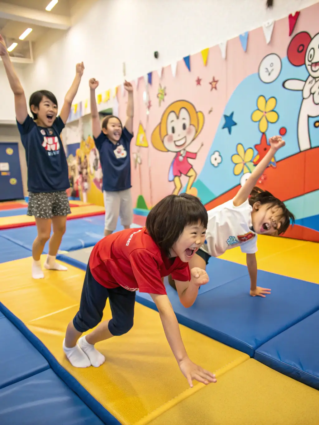 A dynamic image of children participating in a gymnastics class, showcasing their energy and enthusiasm.