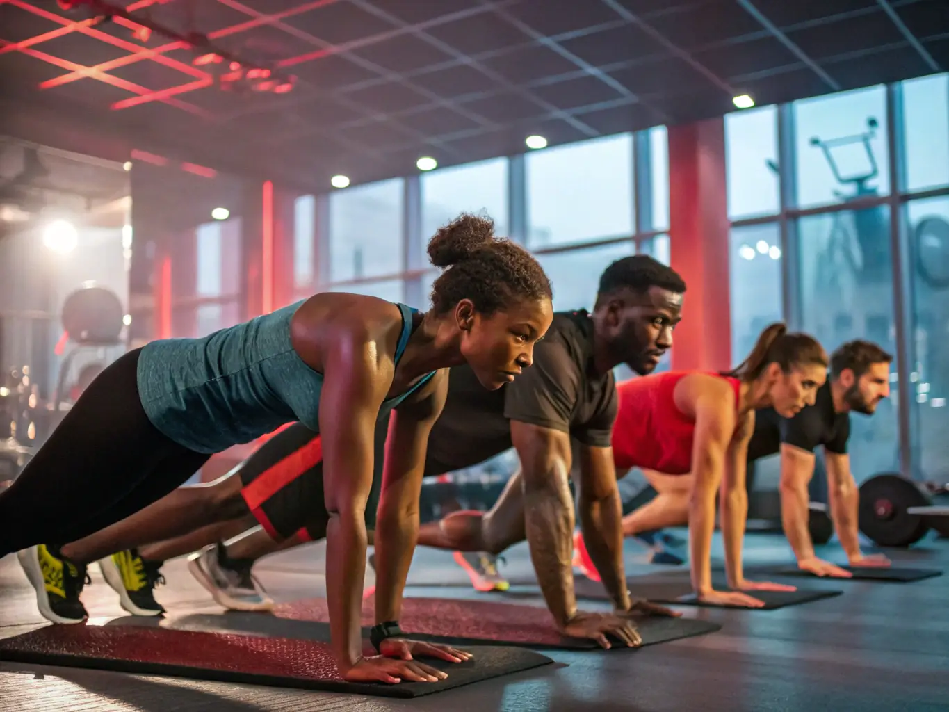 A dynamic image of young adults engaged in a high-intensity interval training (HIIT) session, showcasing energy and determination.