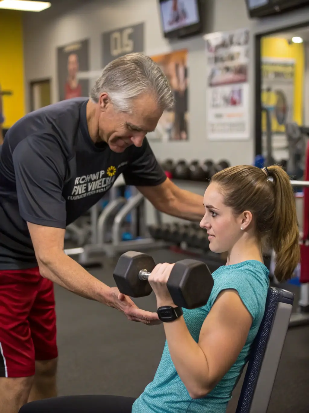 A GYM'ARCHIAC instructor providing personalized guidance to a participant during a fitness session, highlighting the organization's commitment to individual well-being.