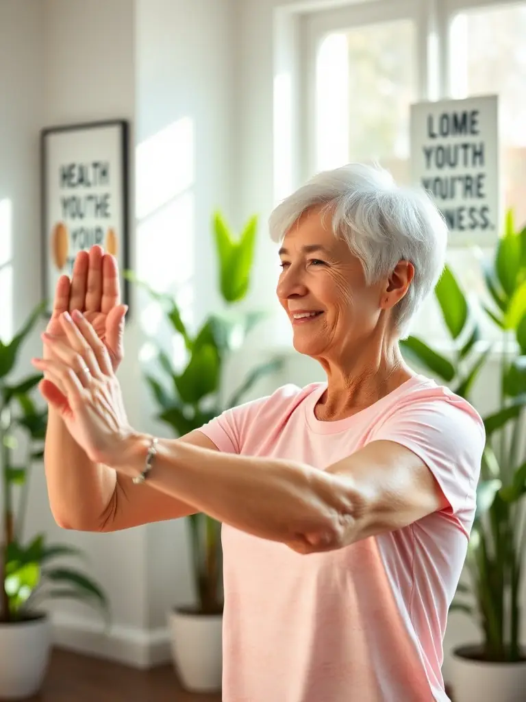 A senior participant smiling while performing a gentle exercise during a GYM'ARCHIAC session, emphasizing the adaptability of the programs.