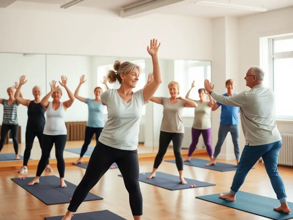 A group of seniors participating in a gentle gymnastics class, smiling and stretching under the guidance of an instructor in a well-lit gymnasium.