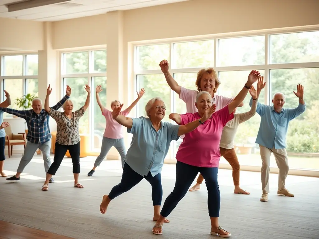 A group of seniors participating in a gentle stretching class at GYM'ARCHIAC, focusing on flexibility and balance, with a qualified instructor guiding them.