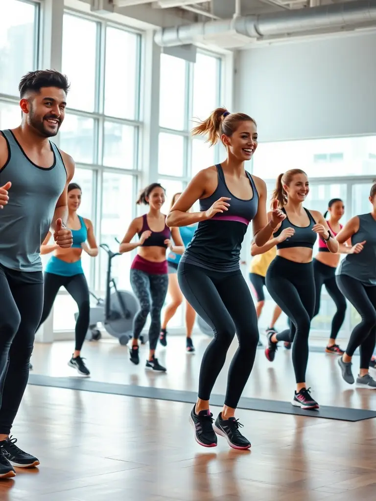 A group of diverse adults laughing and stretching together in a GYM'ARCHIAC fitness class, showcasing the social and inclusive environment.