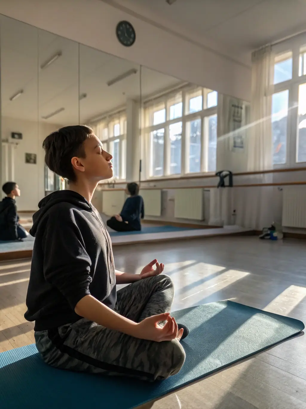 A serene image of a GYM'ARCHIAC member practicing mindfulness and relaxation techniques after a workout, emphasizing the holistic approach to well-being.