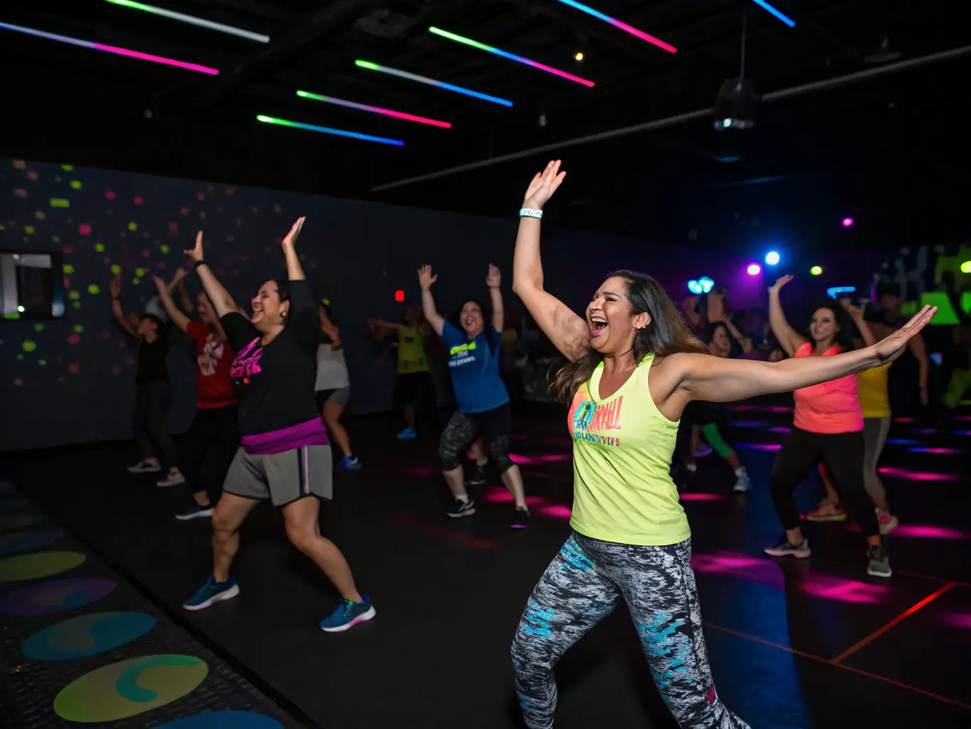 Adults participating in a Zumba class at GYM'ARCHIAC, dancing to upbeat music and burning calories in a fun and energetic group setting.