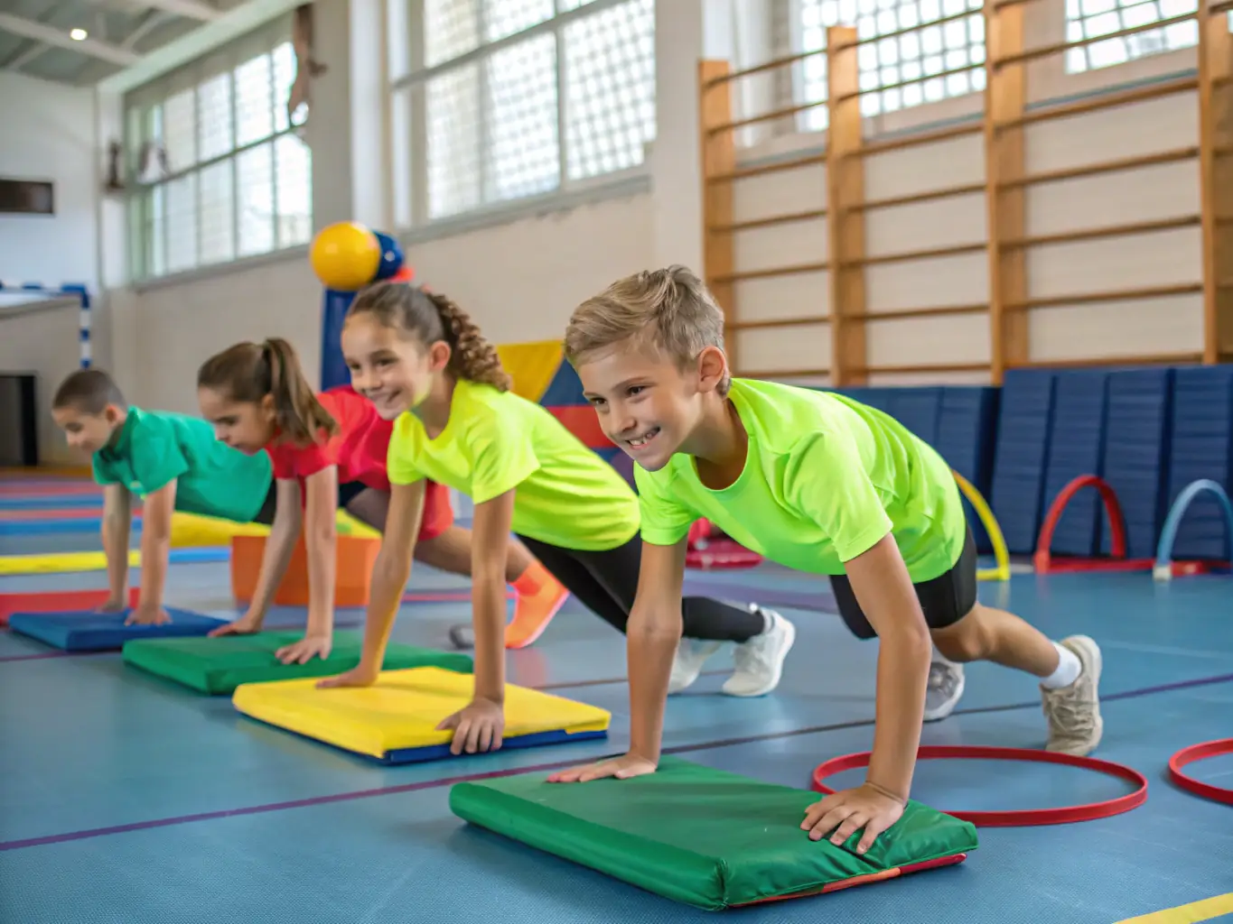Children participating in a fun gymnastics class, jumping and playing on mats under the supervision of a qualified instructor.