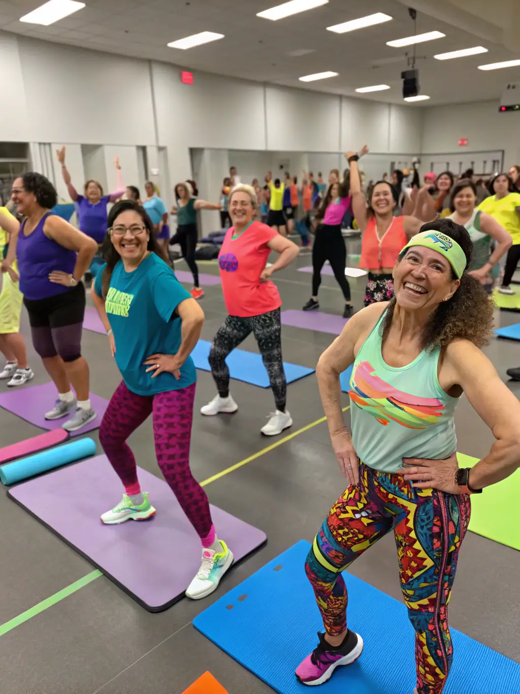 A candid shot of GYM'ARCHIAC members laughing and supporting each other during a team-based exercise, emphasizing the strong sense of community.