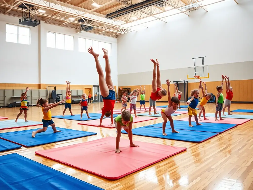 Children participating in a gymnastics class at GYM'ARCHIAC, learning basic acrobatic skills and having fun in a safe and supervised environment.