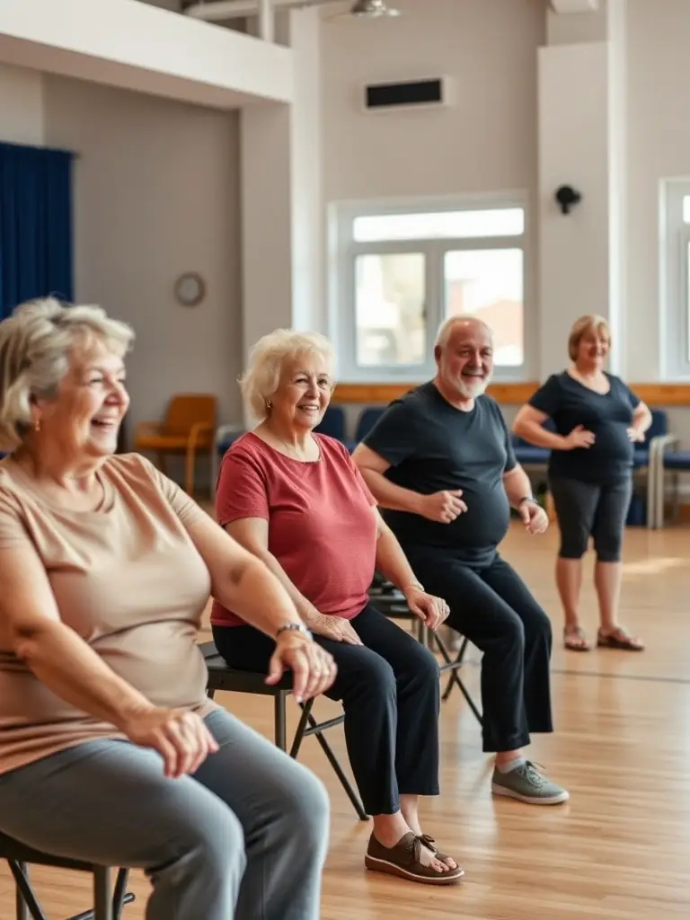 An image of senior citizens participating in a gentle exercise session, highlighting the inclusivity of the program.